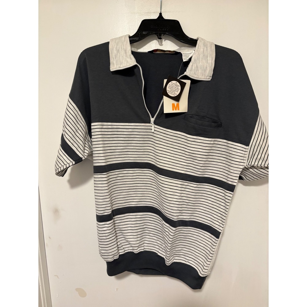 Vintage Puritan Special Edition Mens Medium Navy Gray Striped Quarter Zip Polo